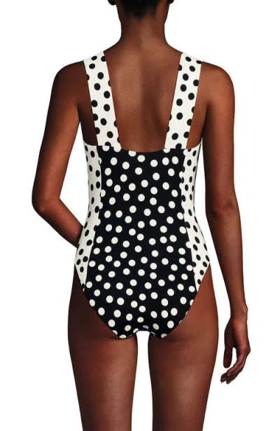 Lands' End Square Neck High Leg One Piece Swimsuit In Black/egret Mixed Tossed Dots