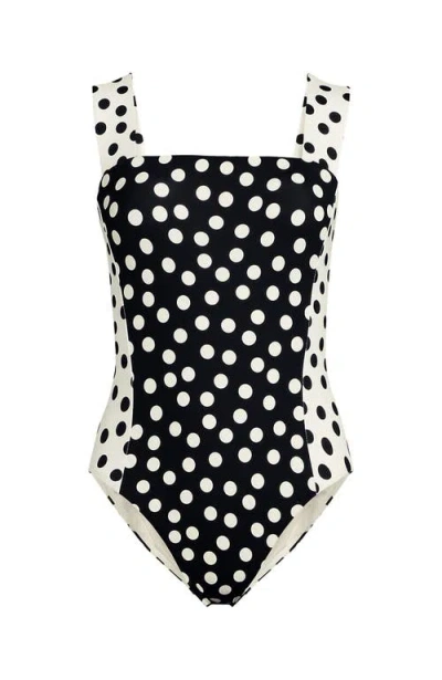 Lands' End Square Neck High Leg One Piece Swimsuit In Black/egret Mixed Tossed Dots