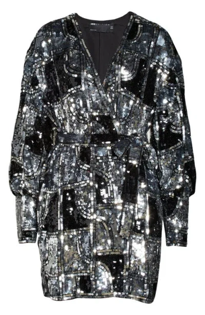 Asos Design Graphic Sequin Long Sleeve Wrap Minidress In Silver/black