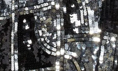 Asos Design Graphic Sequin Long Sleeve Wrap Minidress In Silver/black