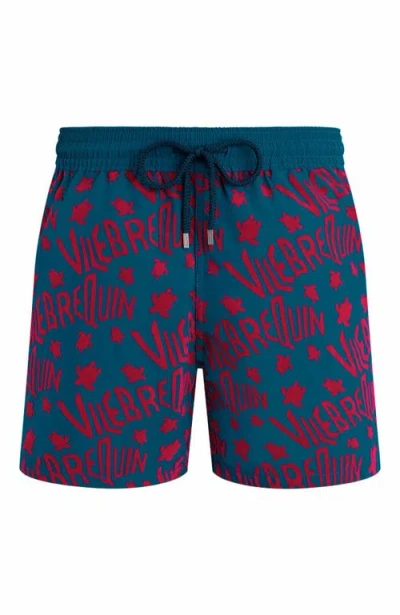 Vilebrequin Turtle Logo Print Moorea Swim Shorts In Blue