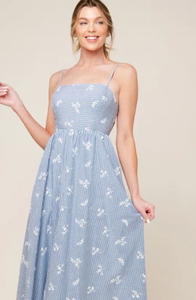 Flying Tomato Embroidered Stripe Midi Dress In Ivory Blue