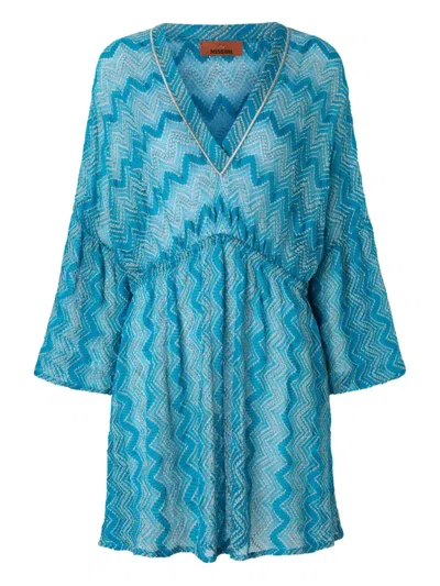 Missoni V-neck Knitted Dress Flared Sleeves In 蓝色