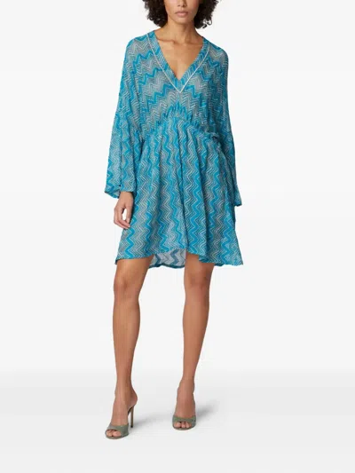 Missoni V-neck Knitted Dress Flared Sleeves In 蓝色