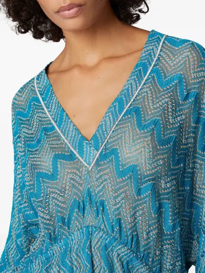 Missoni V-neck Knitted Dress Flared Sleeves In 蓝色