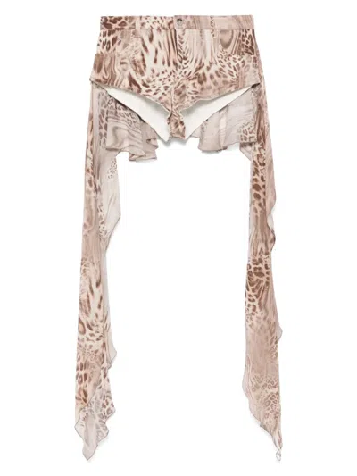 Blumarine Draped Leopard-print Cotton Shorts In 褐色