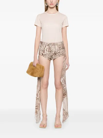 Blumarine Draped Leopard-print Cotton Shorts In 褐色