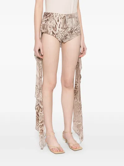 Blumarine Draped Leopard-print Cotton Shorts In 褐色