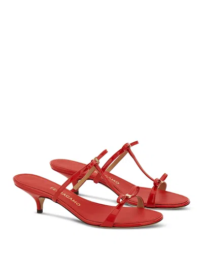 Ferragamo Abili Patent T-strap Slide Sandals In Flame Red