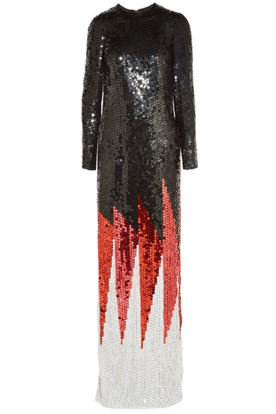 Tom Ford Sequined Shard-pattern Long-sleeve Gown, Black/pink/orange In Llack