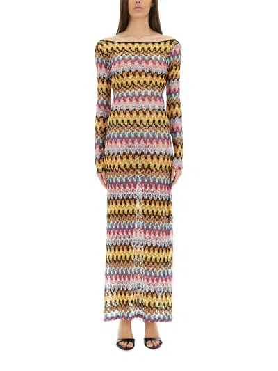 Missoni Multicolor Long Dress With All-over Zig Zag Motif In Yellow/pink