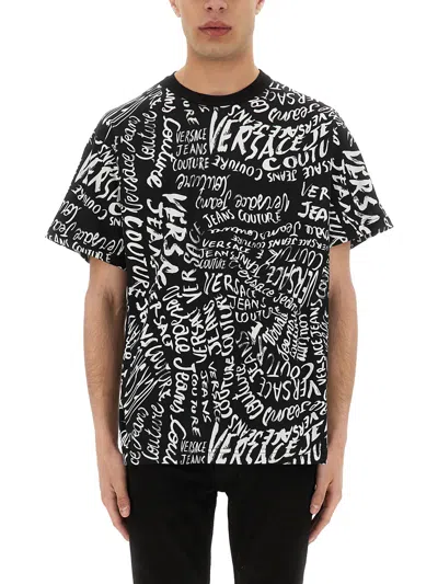 Versace Jeans Couture Logomania Print T Shirt In Black