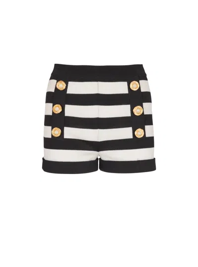 Balmain Faux Pearl-embellished Striped Knitted Shorts In Black