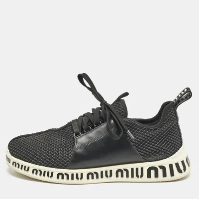 Pre-owned Miu Miu Black Leather And Mesh Lace Up Sneakers Size 39.5