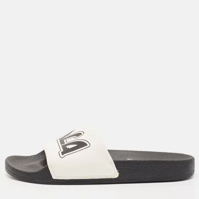 Pre-owned Mcq By Alexander Mcqueen White/black Leather Logo Flat Slides Size 38