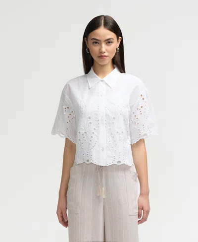 Nvlt Embroidered Eyelet Cotton Short Sleeve Button-up Shirt In White