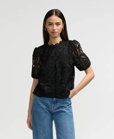 Nvlt Mock Neck Short Sleeve Lace Top In Black