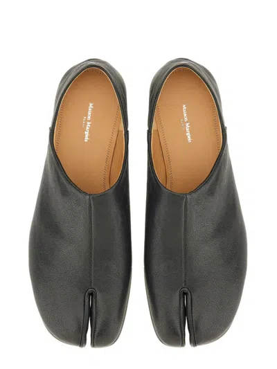 Maison Margiela Tabi Grey Branded Leather Slip On In Black