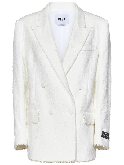 Msgm Textured White Tweed Double-breasted Blazer In White