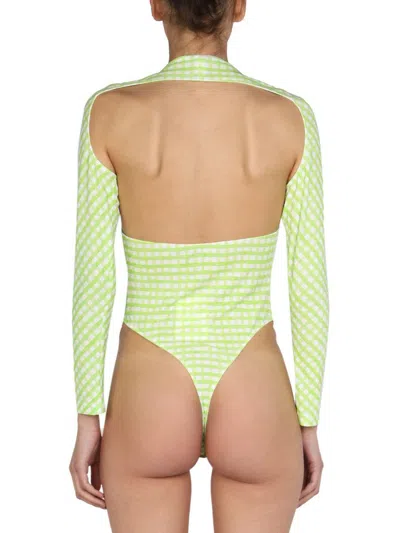 Jacquemus Nodi Cutout Knotted Gingham Jersey Bodysuit In Green