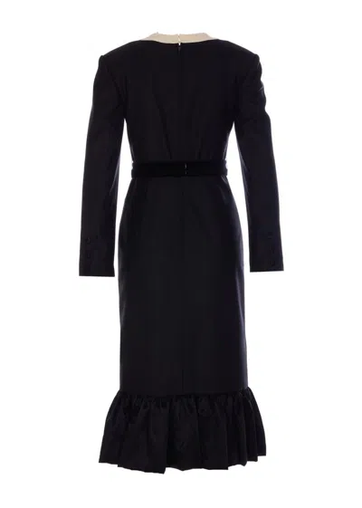 Valentino Belted Bow-embellished Velvet And Ottoman-trimmed Wool Midi Dress In Black