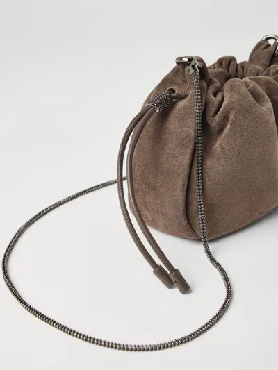 Brunello Cucinelli Soft Suede Drawstring Bag With Chain-link Strap In Brown
