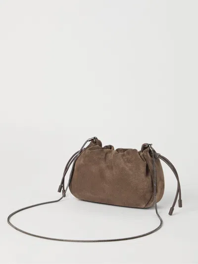 Brunello Cucinelli Soft Suede Drawstring Bag With Chain-link Strap In Brown