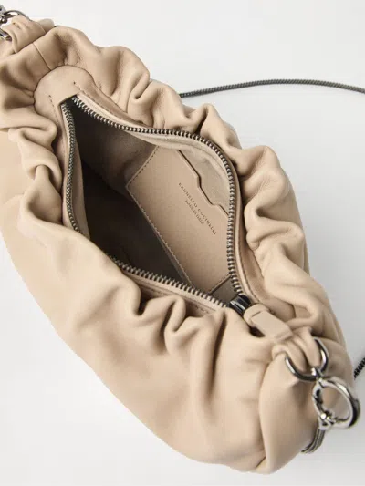 Brunello Cucinelli Brioche Hobo Bag In Soft Leather With Precious Chain In Beige