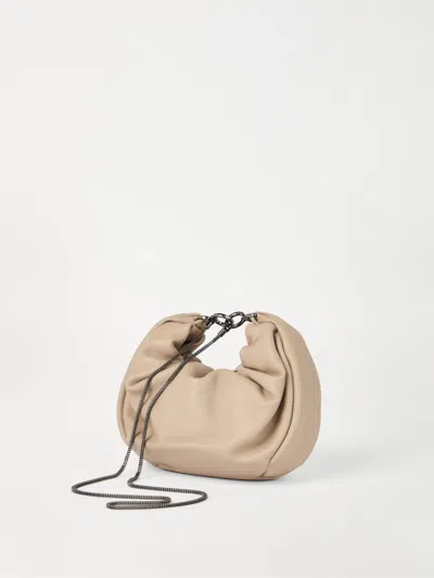 Brunello Cucinelli Brioche Hobo Bag In Soft Leather With Precious Chain In Beige