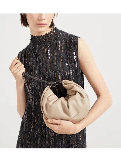 Brunello Cucinelli Brioche Hobo Bag In Soft Leather With Precious Chain In Beige