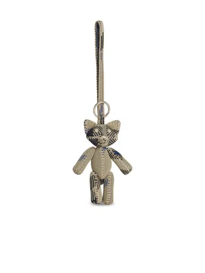 Burberry Teddy Bear Keyring In Textured Fabric With Unique Pattern In Beige