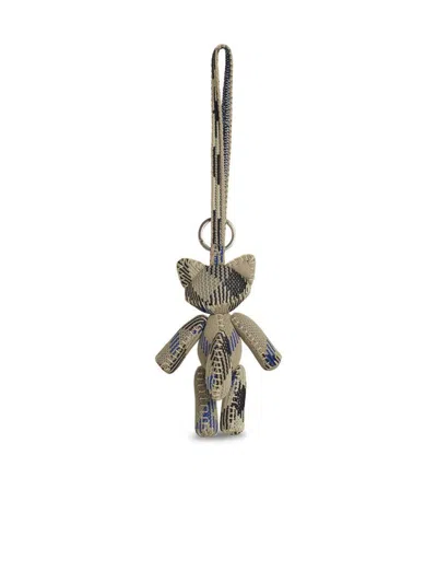Burberry Teddy Bear Keyring In Textured Fabric With Unique Pattern In Beige
