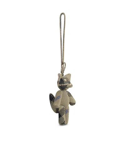 Burberry Teddy Bear Keyring In Textured Fabric With Unique Pattern In Beige