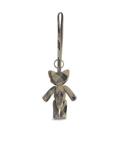 Burberry Teddy Bear Keyring In Textured Fabric With Unique Pattern In Beige