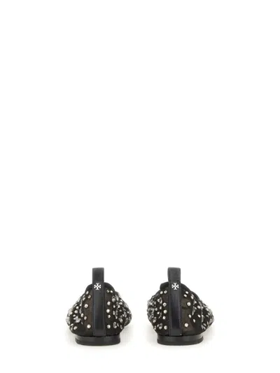 Tory Burch Black Ballet Flats With All-over Crystals Application In Tech Fabric Woman In Black