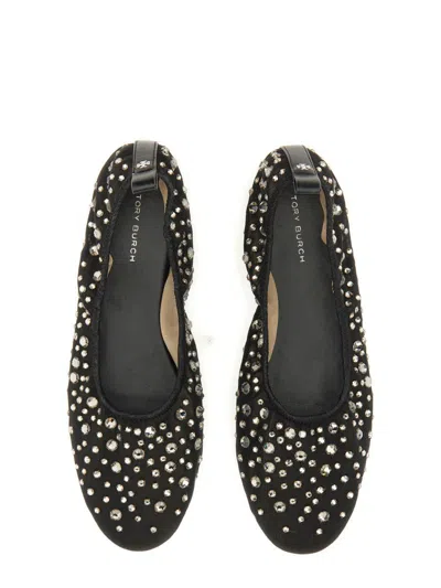 Tory Burch Black Ballet Flats With All-over Crystals Application In Tech Fabric Woman In Black