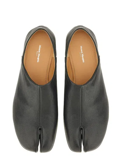 Maison Margiela Tabi Grey Branded Leather Slip On In Black