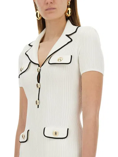 Self-portrait White Mini Dress With Notched Collar And Contrasting Trim In Viscose Blend Stretch Woman In White