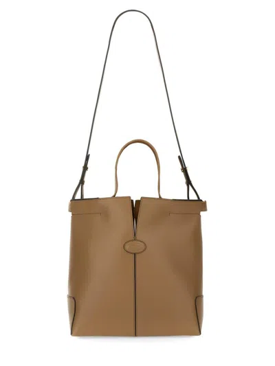 Tod's Structured Brown Calfskin Shoulder Bag In Grey