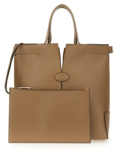 Tod's Structured Brown Calfskin Shoulder Bag In Grey