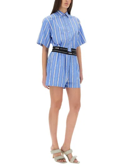 Msgm Blue Bermuda Shorts With Elastic Drawstring Waist With Logo Lettering And All-over Striped Motif In  In Blue