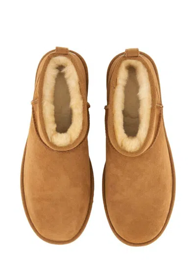 Ugg Classic Ultra Mini Low Heels Ankle Boots In Leather Color Suede In Brown