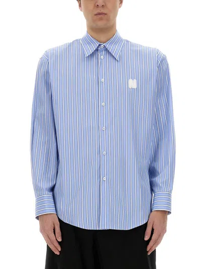 Msgm Logo Cotton T-shirt With Striped Cuffed Sleeves In Blue