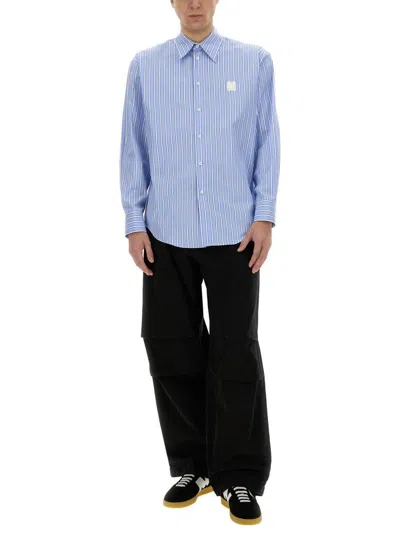 Msgm Logo Cotton T-shirt With Striped Cuffed Sleeves In Blue