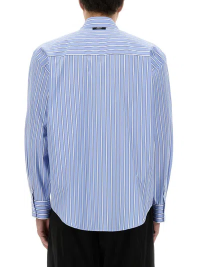 Msgm Logo Cotton T-shirt With Striped Cuffed Sleeves In Blue