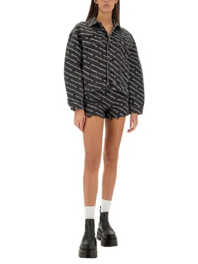Alexander Wang T Alexander Wang Falling Back Logo-print Denim Jacket In Black
