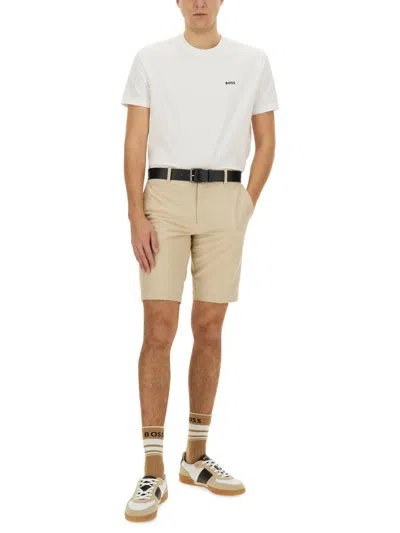 Hugo Boss Fitted Bermuda Shorts With Pockets And Loops In Beige