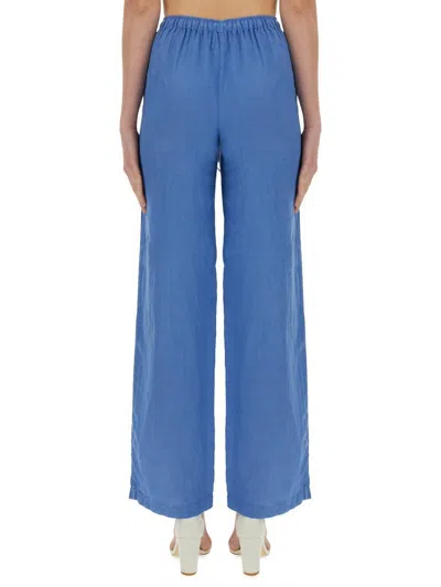 120% Lino Relaxed Wide-leg Linen Pants With Drawstring Waist In Blue