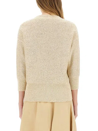 Fabiana Filippi Three-quarter Sleeve Cotton Jersey Top With Ribbed Hem In Beige