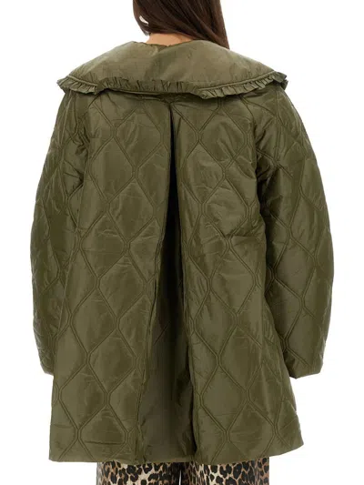 Ganni Lightweight Down Jacket With Oversized Collar In Green